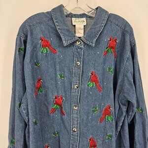 Quacker Factory Shirt Womens 1X Blue Denim Embroidered Cardinal Birds Holiday